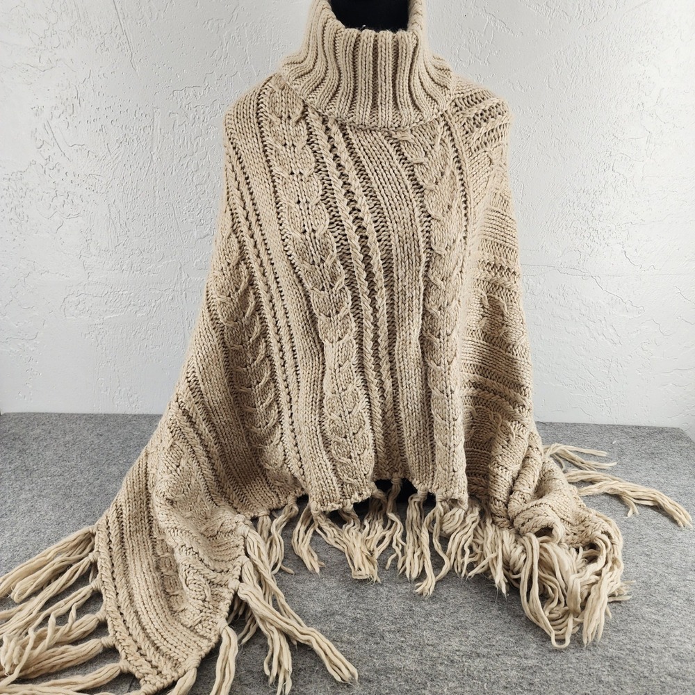 Beige Cable Knit Fringe Turtleneck Poncho Sweater Wrap Cape Womens One Size